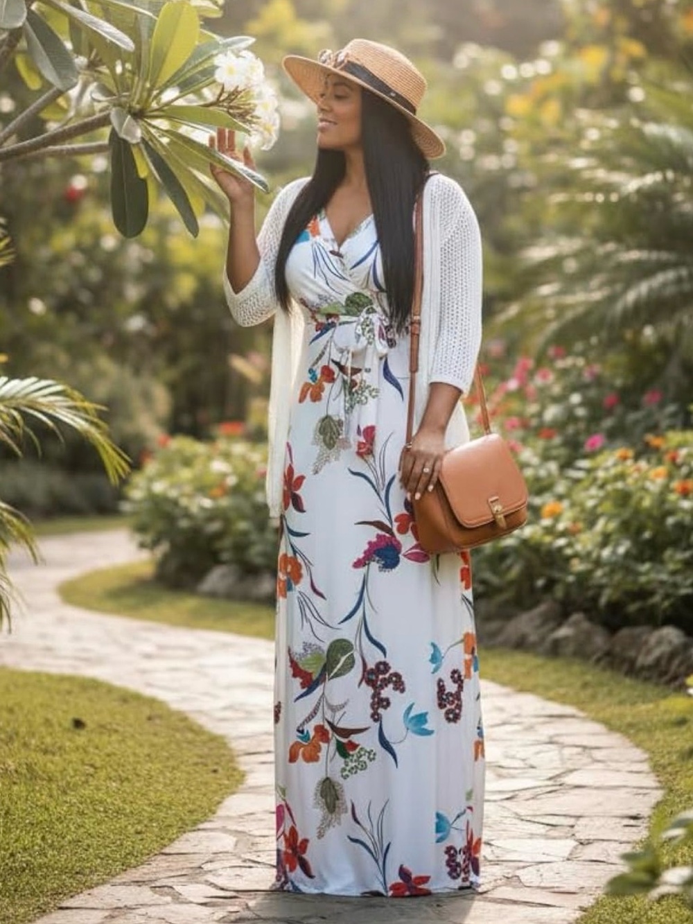 Floral White V-Neck Maxi Dress with Tie Waist